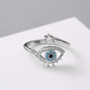 Evil Eye Adjustable Ring Blue White Black CZ Crystals Silver
